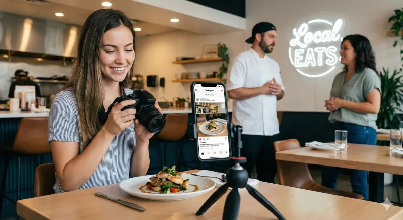10 Restaurant Marketing Ideas That Actually Work for Your Business in 2026 4 Local food influencer taking professional photos of a dish for Instagram social media marketing.