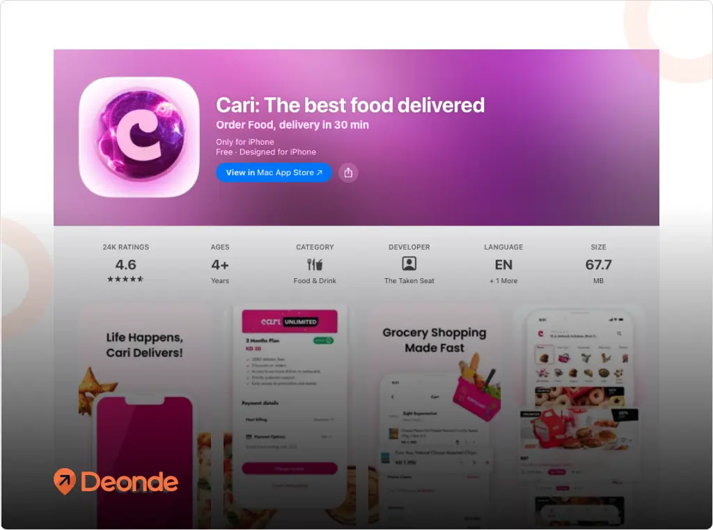 Cari zero commission food delivery app interface