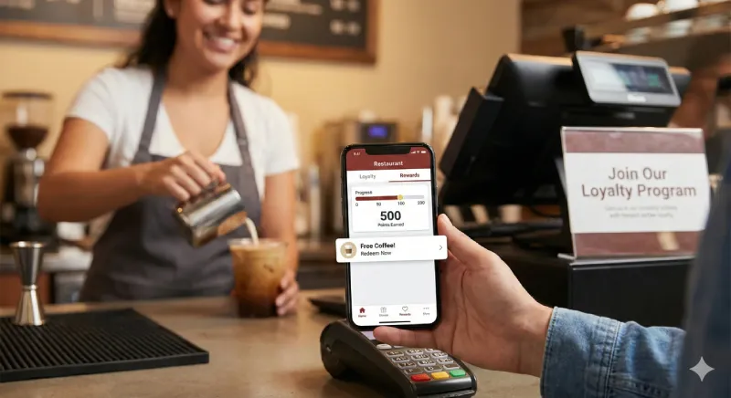 10 Restaurant Marketing Ideas That Actually Work for Your Business in 2026 2 Customer using a digital restaurant loyalty program app on a phone to redeem points for free coffee.