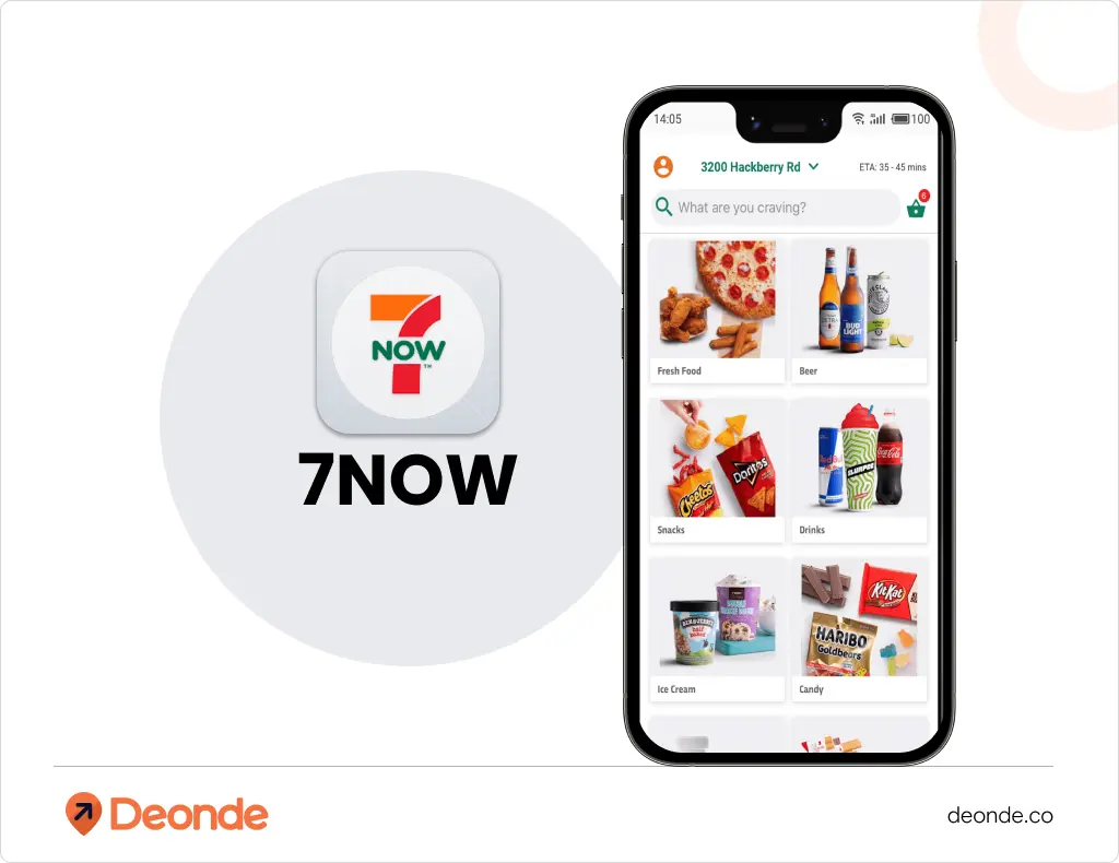 7NOW American food delivery app logo and interface