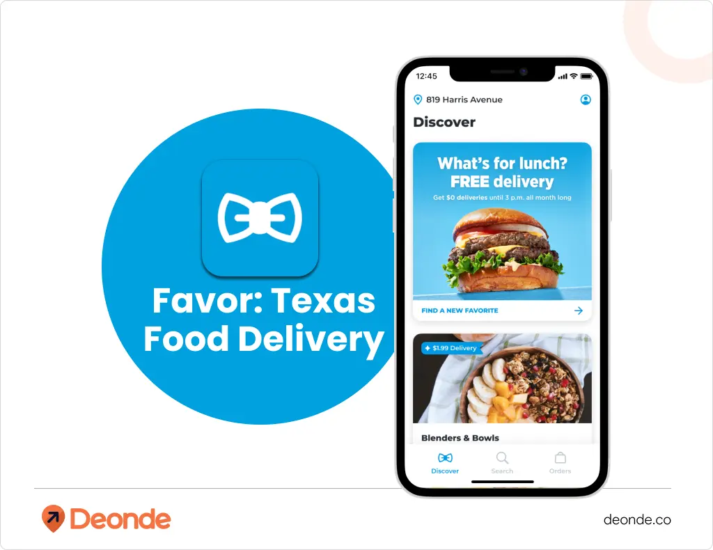 Favor Texas Food Delivery app logo and interface