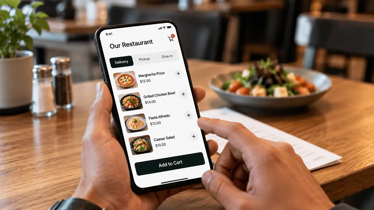 Commission-Free Vs. Marketplace Ordering: An Honest Faq For Independent Restaurants 3 Hands holding a smartphone displaying a restaurant online ordering app with menu items, prices, and an Add to Cart button at a café table.