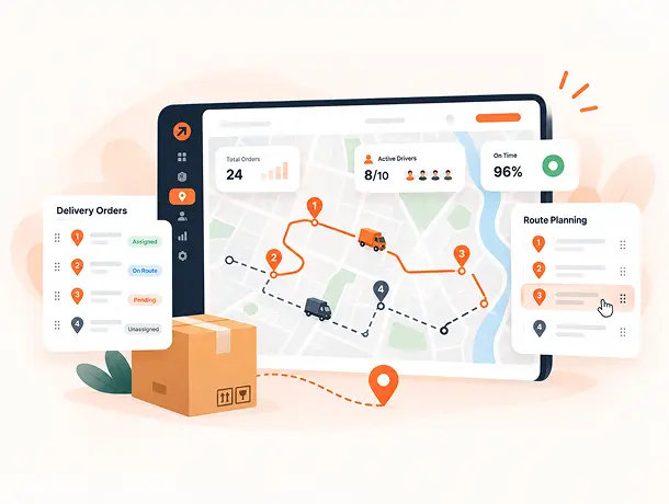 Illustration of delivery dispatch: drivers assigned to an optimized multi-stop route on a map