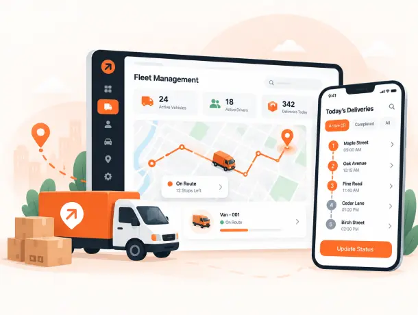 Illustration of a fleet dashboard listing orders next to a driver phone app