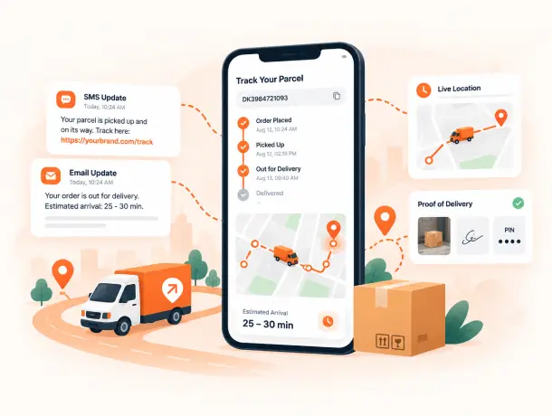 Illustration of real-time delivery tracking with a live map, GPS signal and delivery progress