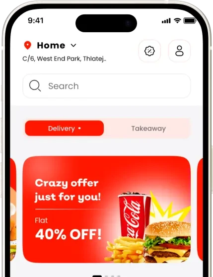 White-label food delivery customer app showing home screen, restaurant search and delivery offers