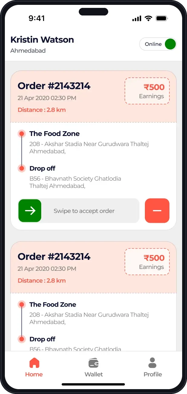 Food delivery driver app with order run list, pickup and drop-off navigation and earnings
