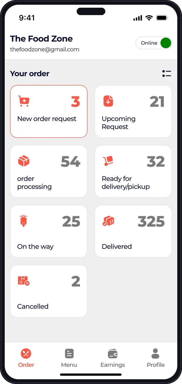 Restaurant partner app dashboard with new order requests, order processing and delivery status