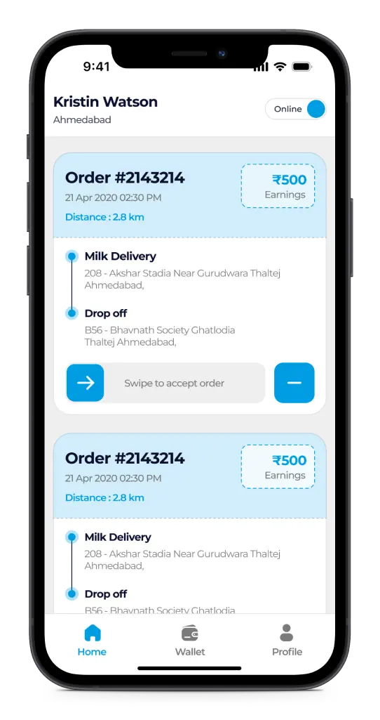 Milk delivery driver app with order list and doorstep drop-off details