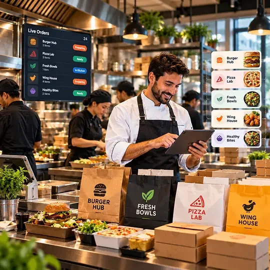 Cloud kitchen chef managing orders for multiple virtual brands from one kitchen with a live order board