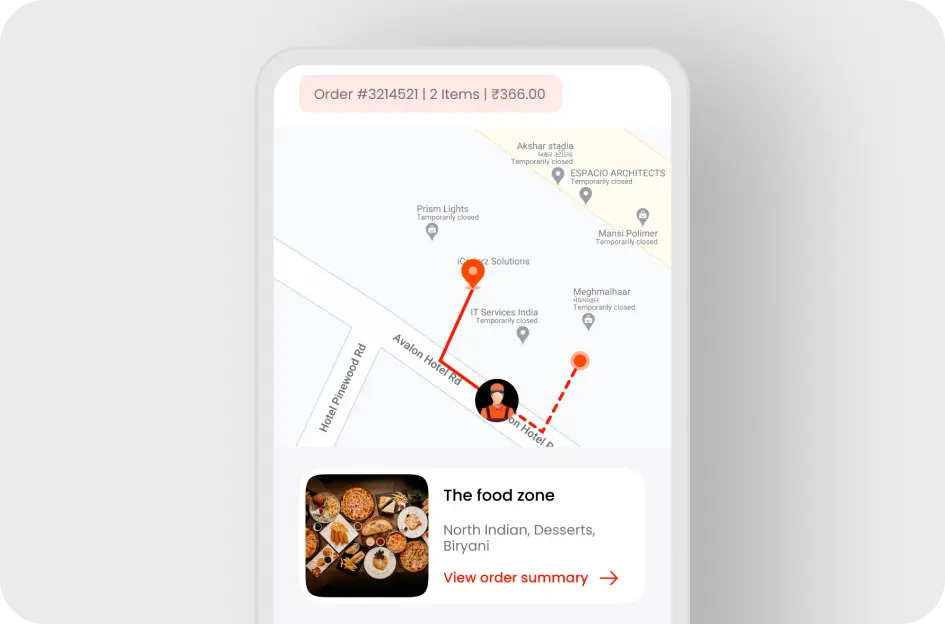 Multi-location restaurant app showing nearby store selection and order summary
