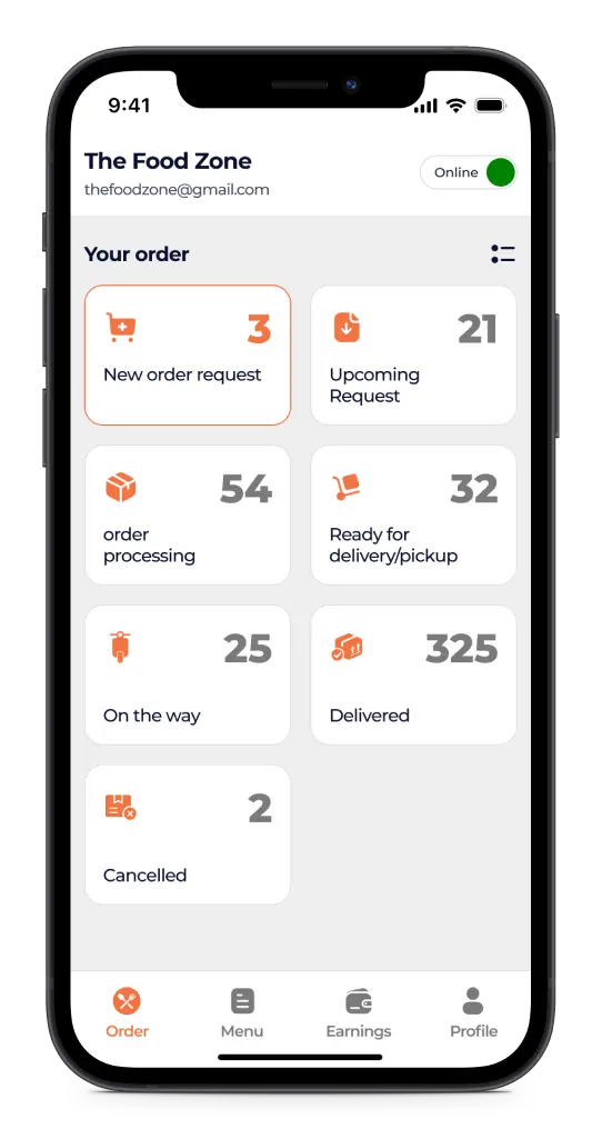 Vendor portal on the Deonde merchant app — new, upcoming and delivered orders for each restaurant