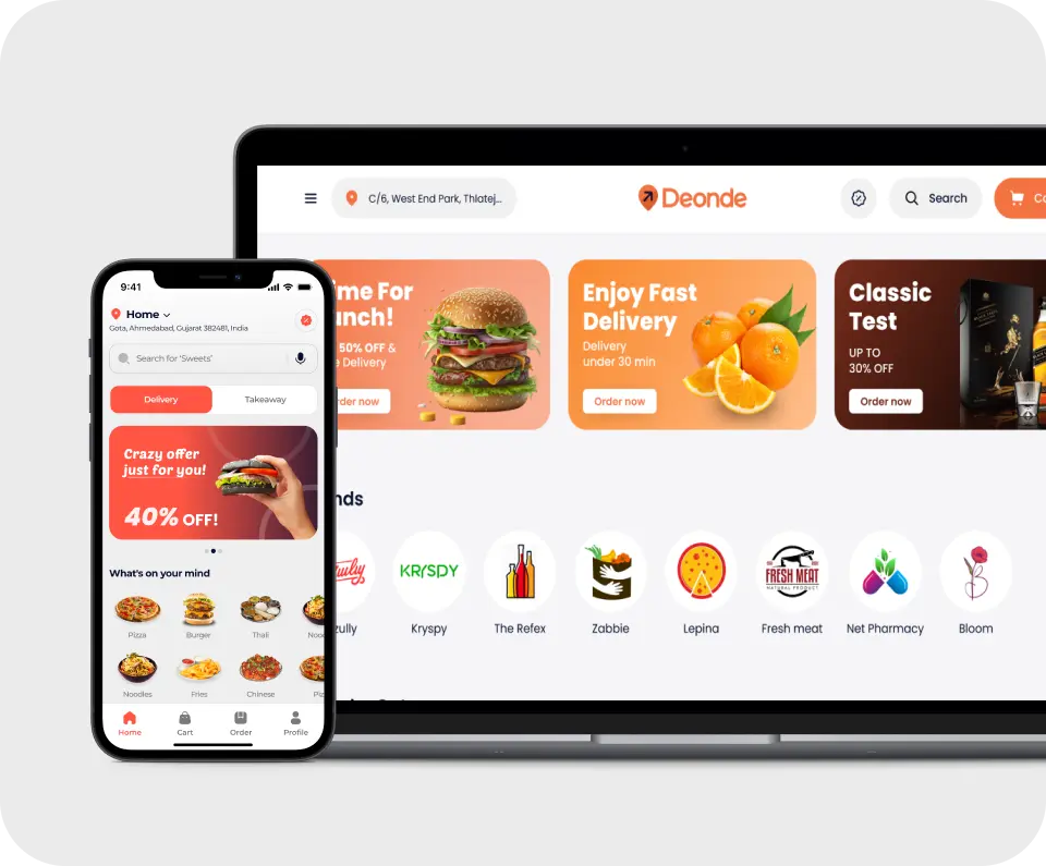 Restaurant app maker showing a mobile-optimized ordering app alongside the branded web ordering site