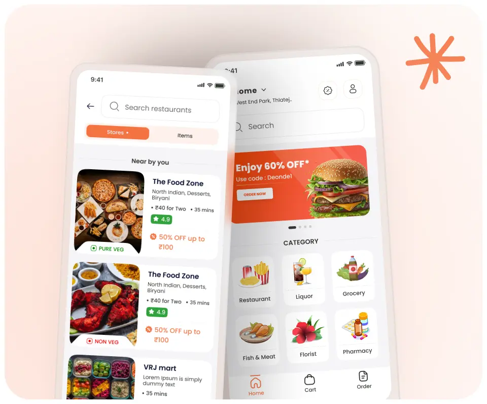 Restaurant mobile app builder preview of a branded customer ordering app with menu categories and offers