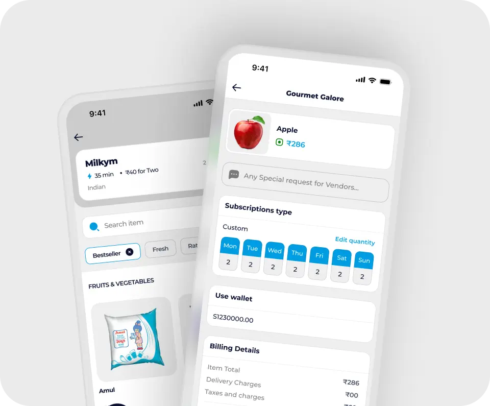 Milk subscription app screens showing delivery days, quantity selection and wallet payment